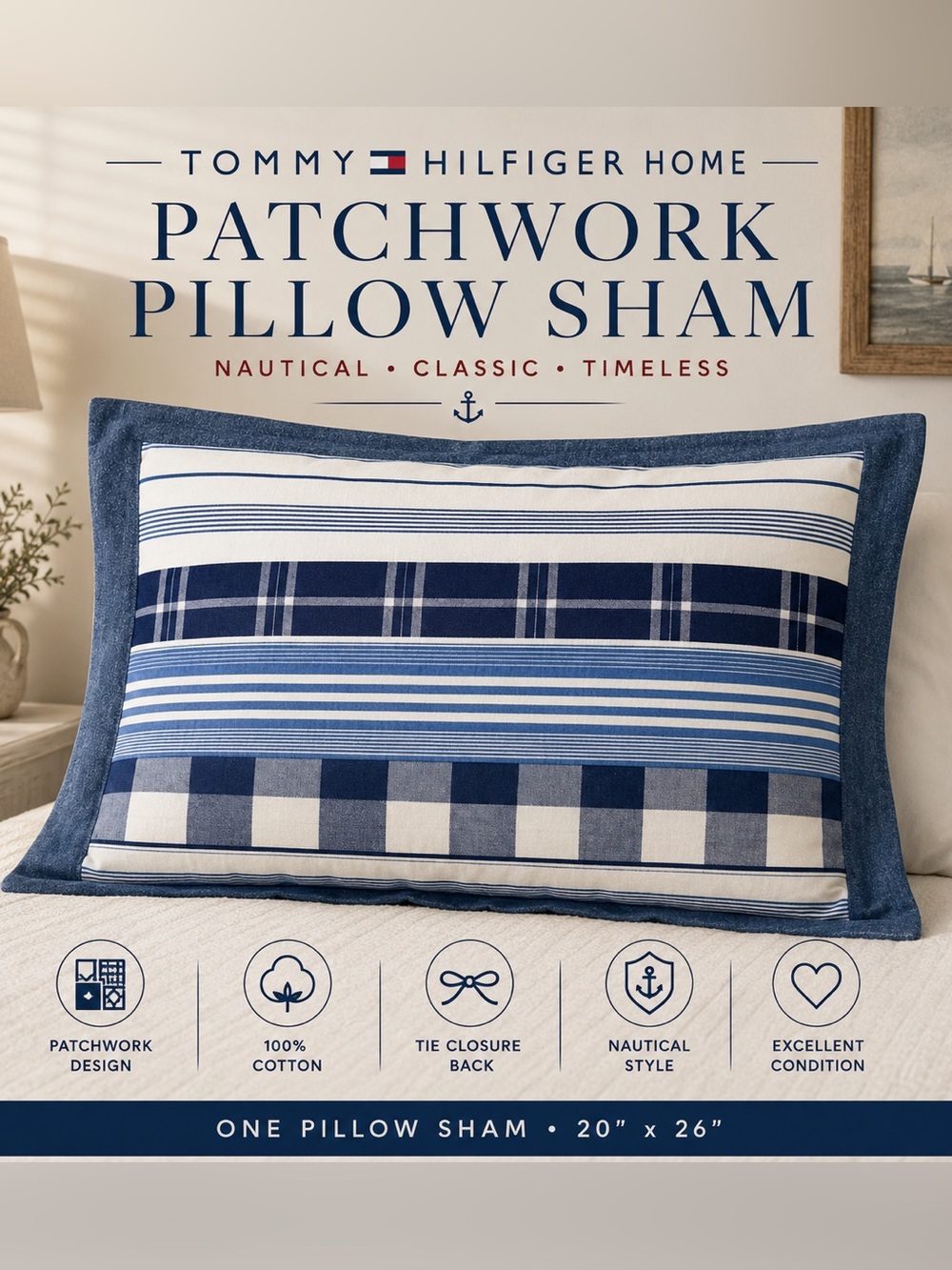 Tommy Hilfiger Home Patchwork Pillow Sham Blue Plaid Cotton 20x26 Nautical